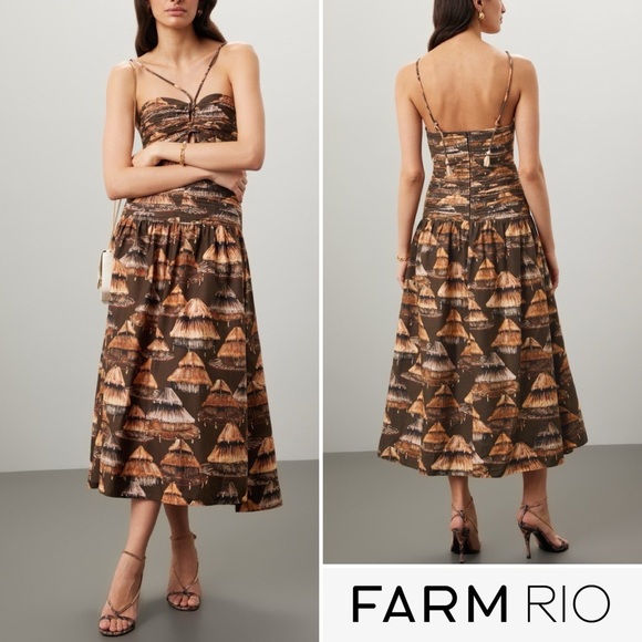 brown shuhu maxi dress sleeveless Farm Rio - comfortable anarkali PatBO - All-over Plunging Size:6-7 Y sleeve silhouette Flattering bias